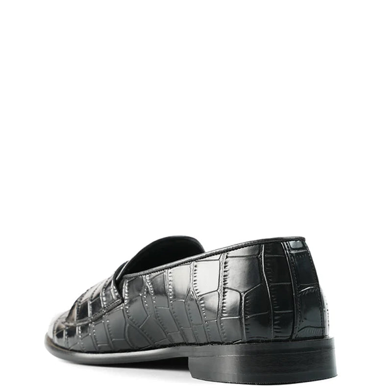 Croco Side Hook Leather Formal Black Loafer
