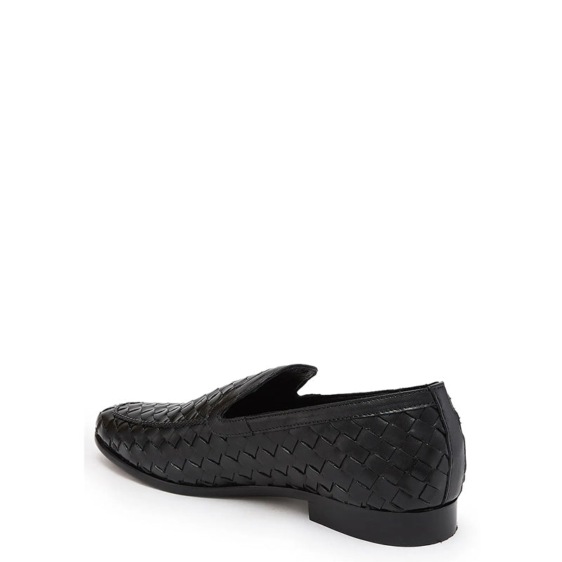 Men Woven Textured Handmade Pure Leather Black Loafer