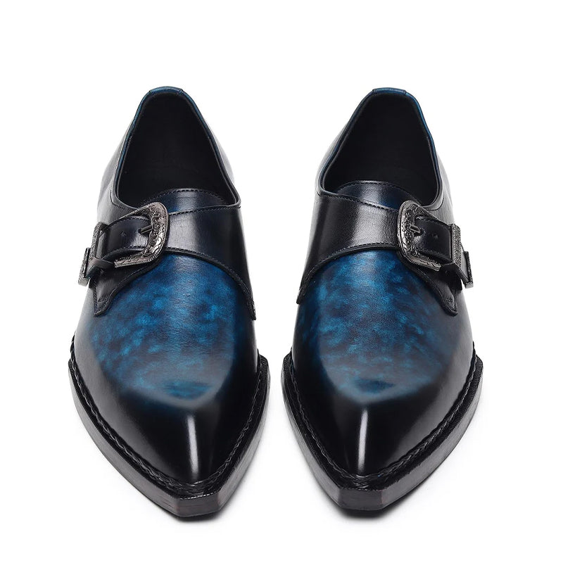 Plain Leather Single Monk Dark Blue Shoe With Side Buckle