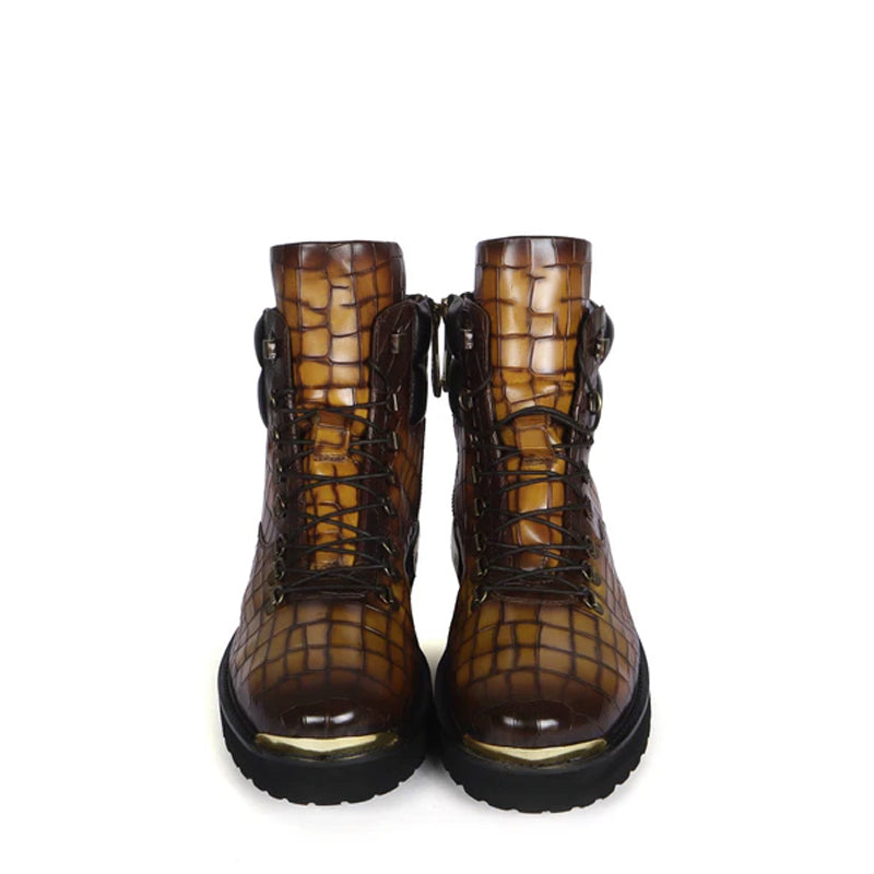 Croco Deep Cut Leather Lace-UP Ankle Boot Black