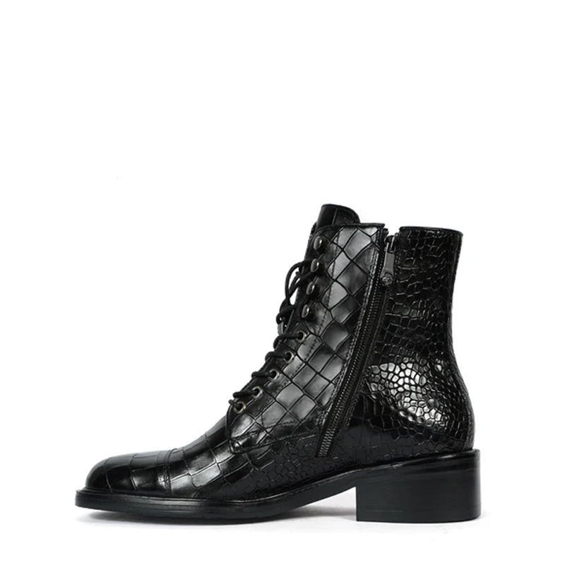 Croco Leather Lace Up High Ankle Boot Black