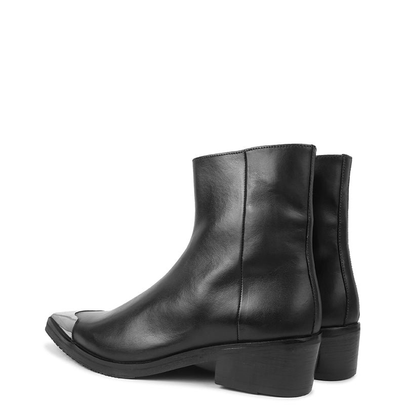 Metallic Toe Premium Leather Side Zipper Black Boot