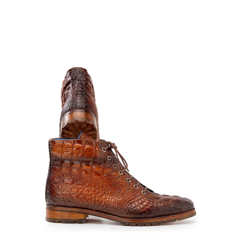 Hand Painted Croco Print Leather Lace Up Boot Burgundy