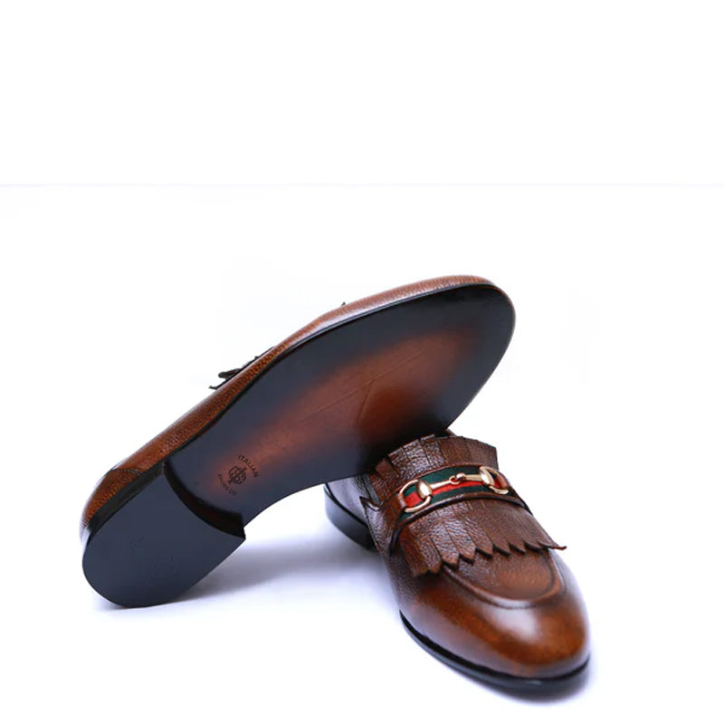 Men Handmade Solid Leather Buckled Tan and Brown Loafer