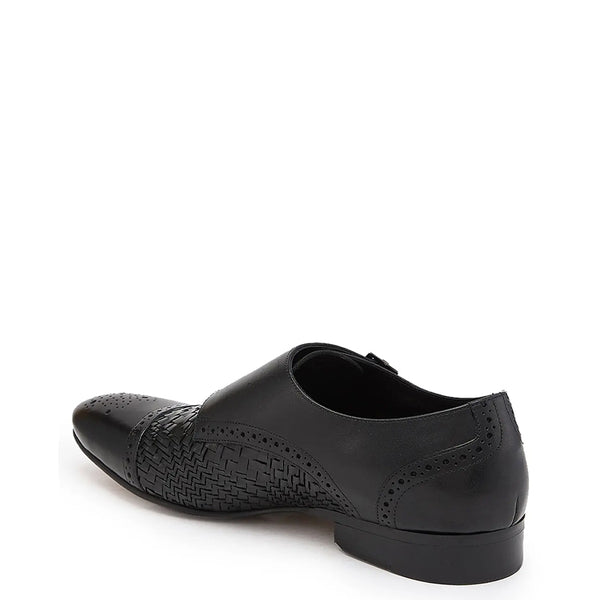 Men Woven Textured Leather Double Monk Strap Shoes