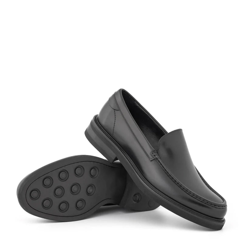Round Toe Slip On Leather Black Loafer