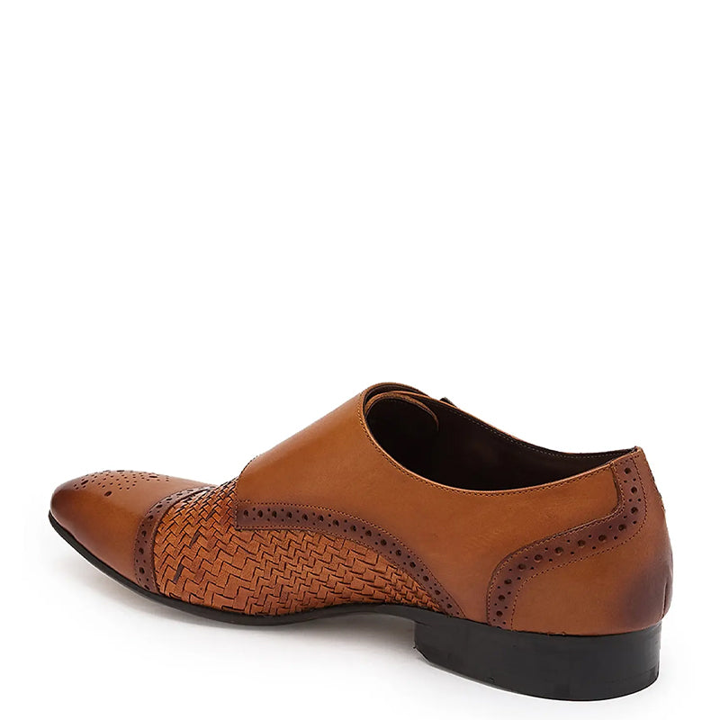 Men Woven Textured Leather Double Monk Shoe Tan