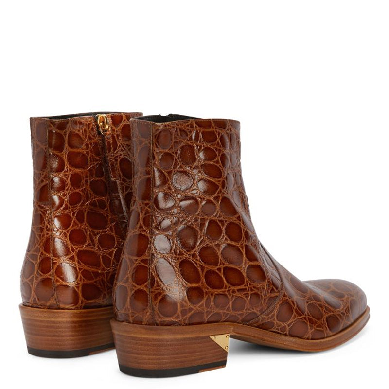 Croco Print Leather Chelsea High Ankle Brown Boot