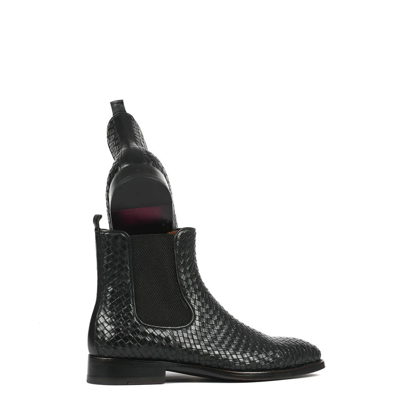 Woven Handmade Shiny Leather Chelsea Black Boot
