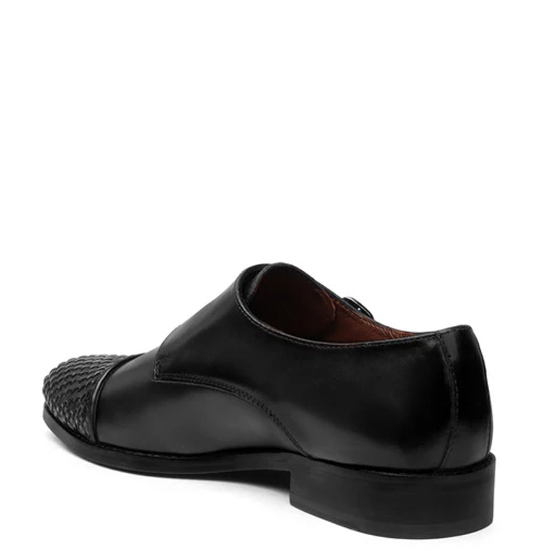 Double Monk Woven Leather Cap Toe Black Shoe