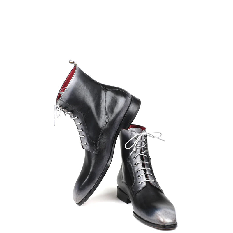 Premium Plain Toe Lace-Up Leather Ankle Boot Grey