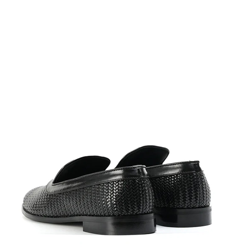 Woven Slip On Leather Black Loafer For Men