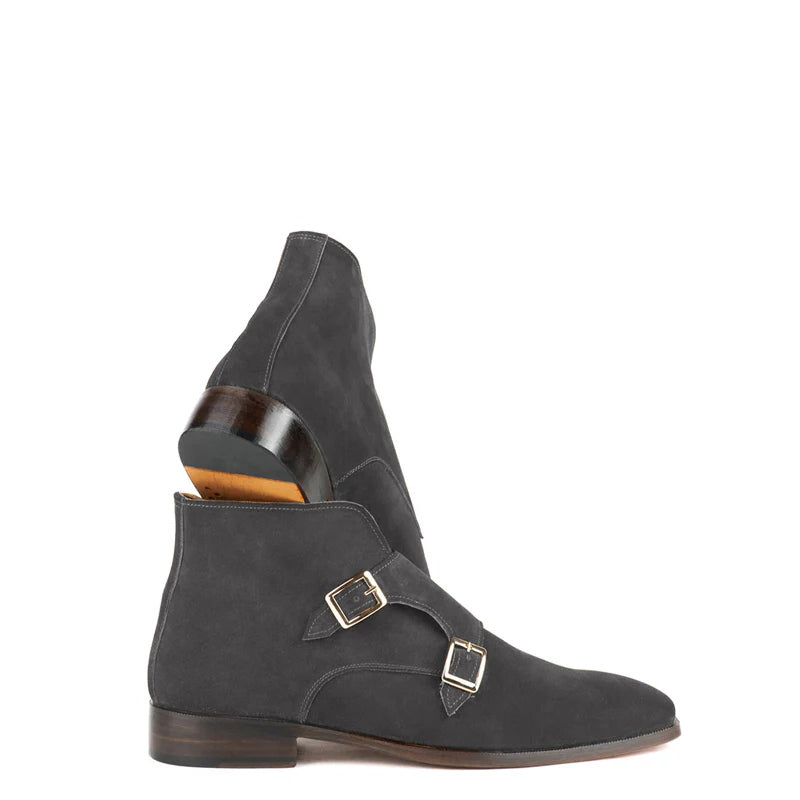 Luxury Suede Leather Double Buckle Ankle Boot Grey