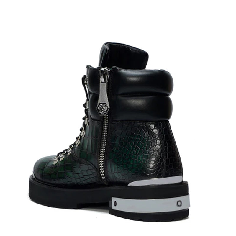 Croco Deep Cut Leather Lace-UP Ankle Boot Black
