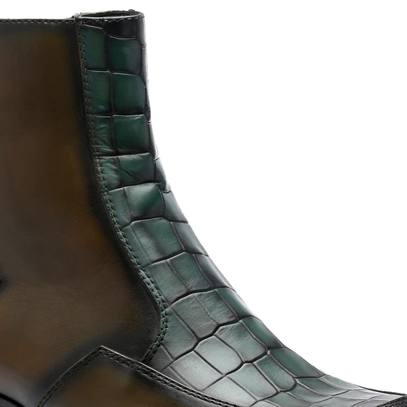 Luxury Croco Textured Leather Side Zipper Boot Green and Brown