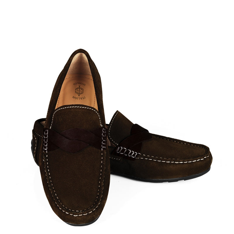 Penny Suede Cross Strap Leather Brown Loafer