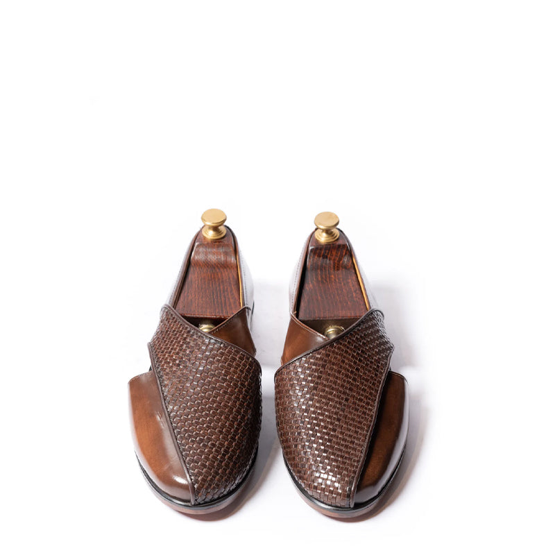 Woven Shiny Leather Breave Peshawari Brown Sandal