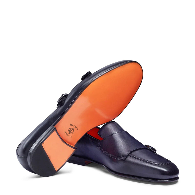 Men Blue Polished Double Buckle Leather Loafer