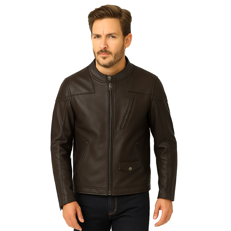 Men s Zip Up Vintage Burgundy Biker Jacket with Stand Collar and Pockets