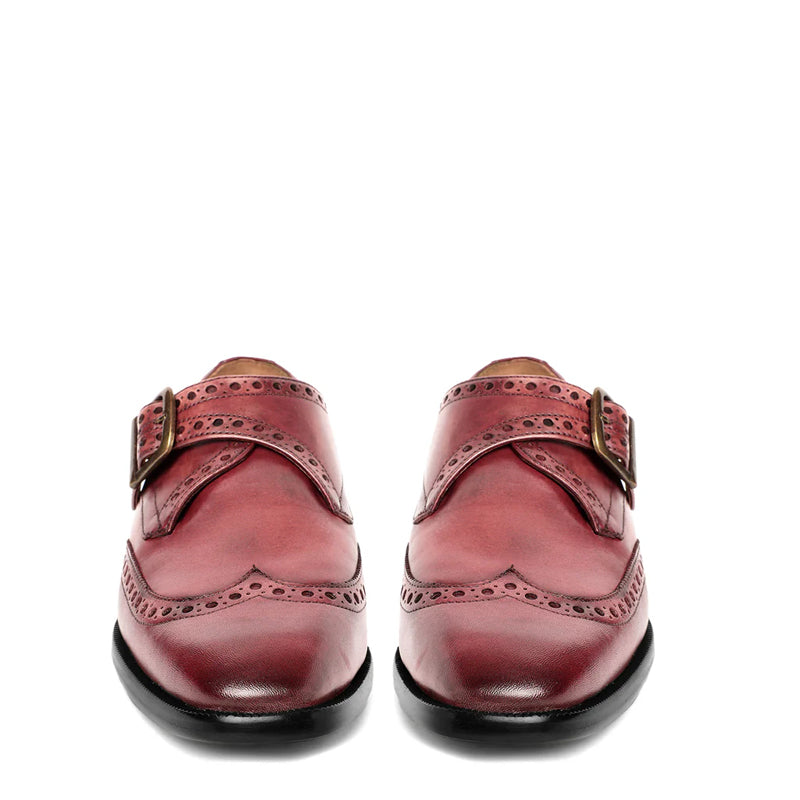 Leather Single Monk Strap Burgundy Shoe For Men