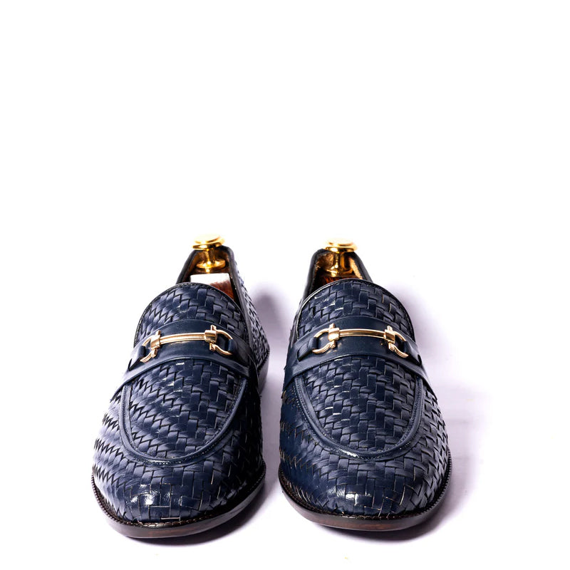 Pure Woven Leather Horsebit Buckled Blue Loafer