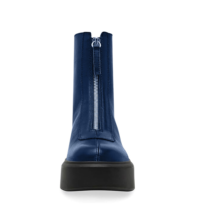 Premium Row Zipped-Front Leather Blue Ankle Boot