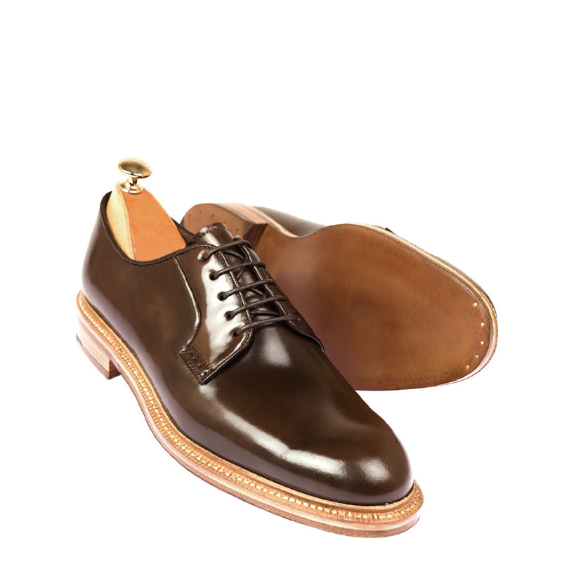 Plain Toe Polished Shiny Leather Derby Shoe Brown