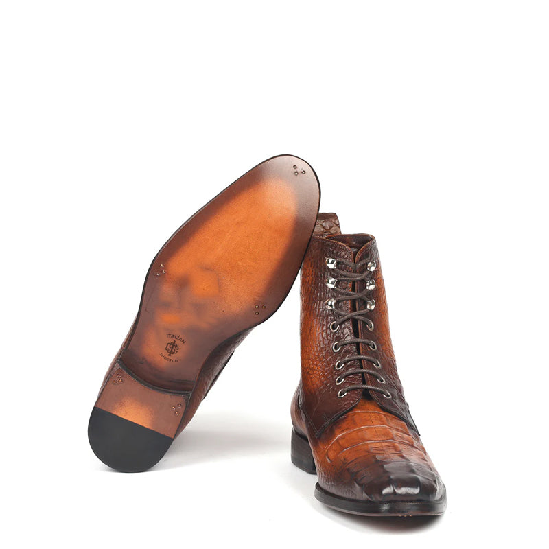 Croco Embossed Leather Lace-Up Ankle Boots
