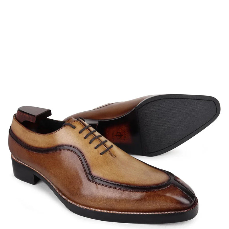 Luxury Patina Split Toe Italian Leather Oxford Shoe Tan and Brown