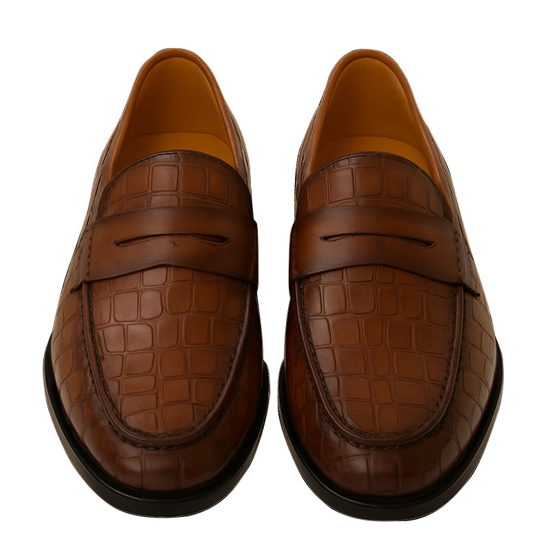 Penny Brown Crocodile-Textured Leather Loafer