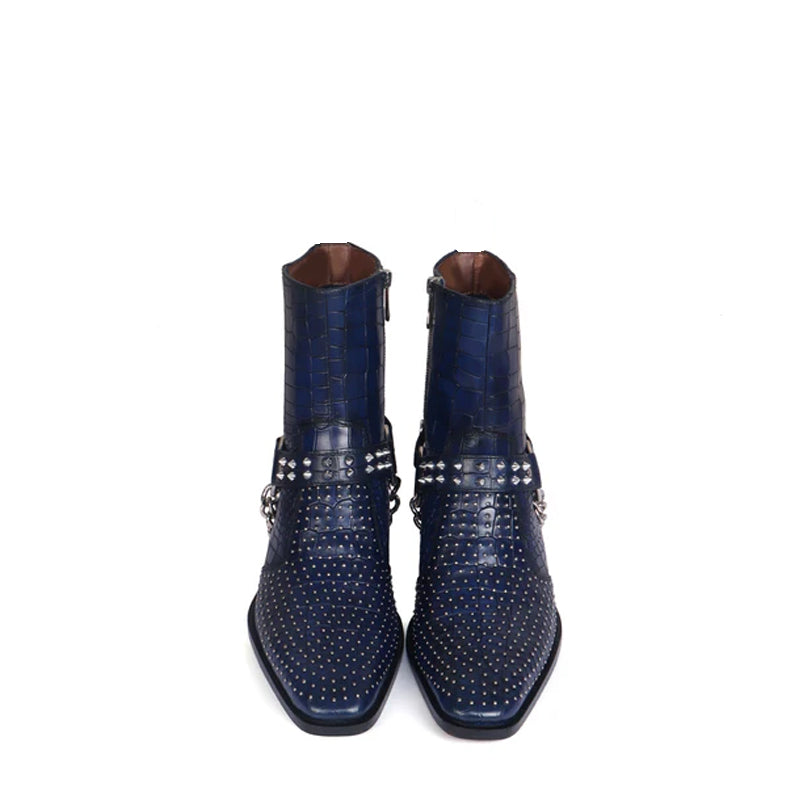 Croco With Silver Studded Buckle Side Zipper Chain Boots