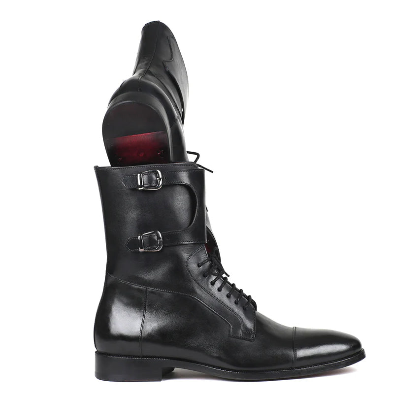 Men Cap-Toe Leather High Ankle Boot Black