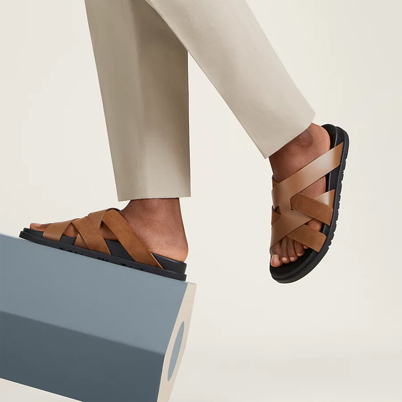 Men Textured Leather Comfort Tan Brown Sandal