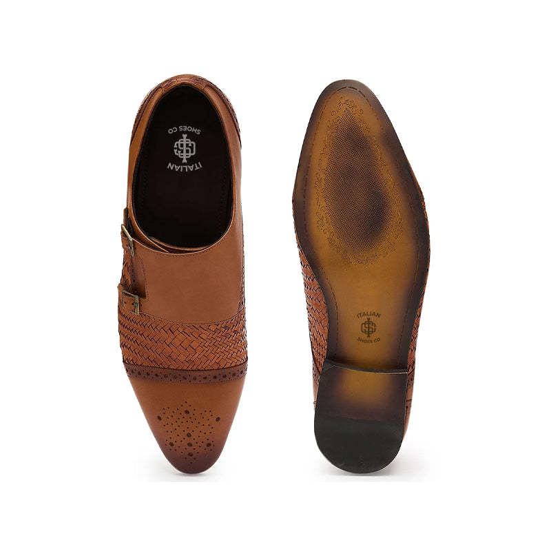 Men Woven Textured Leather Double Monk Strap Shoes