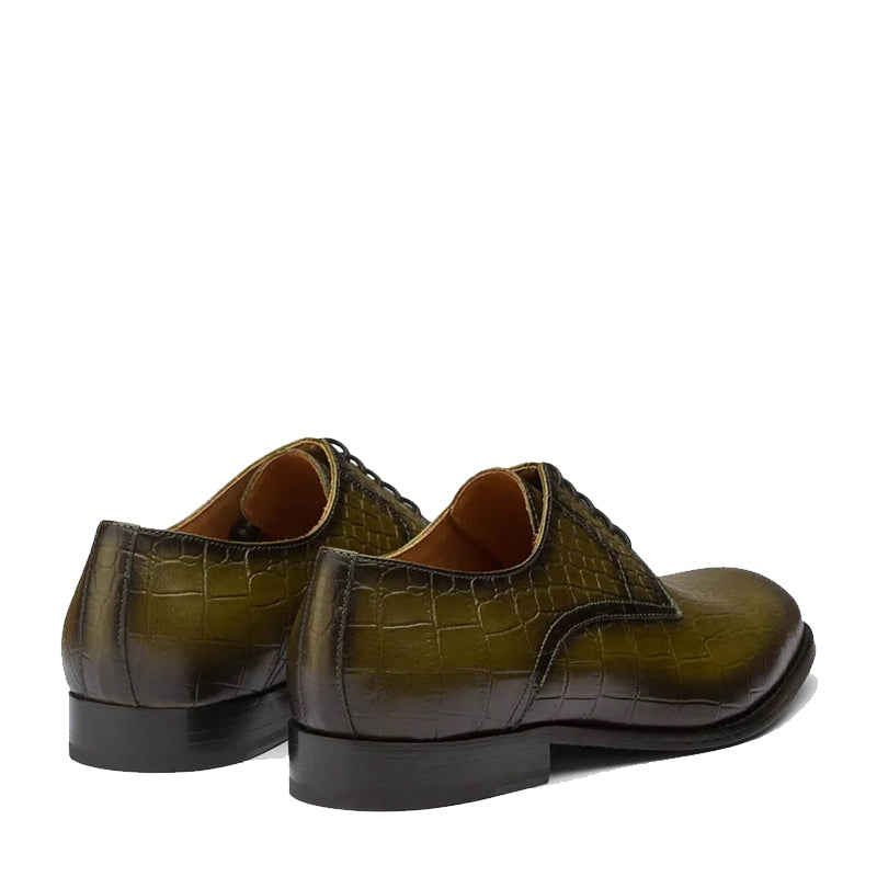 Patina Croco Print Solid Leather Derby Shoe Olive Green