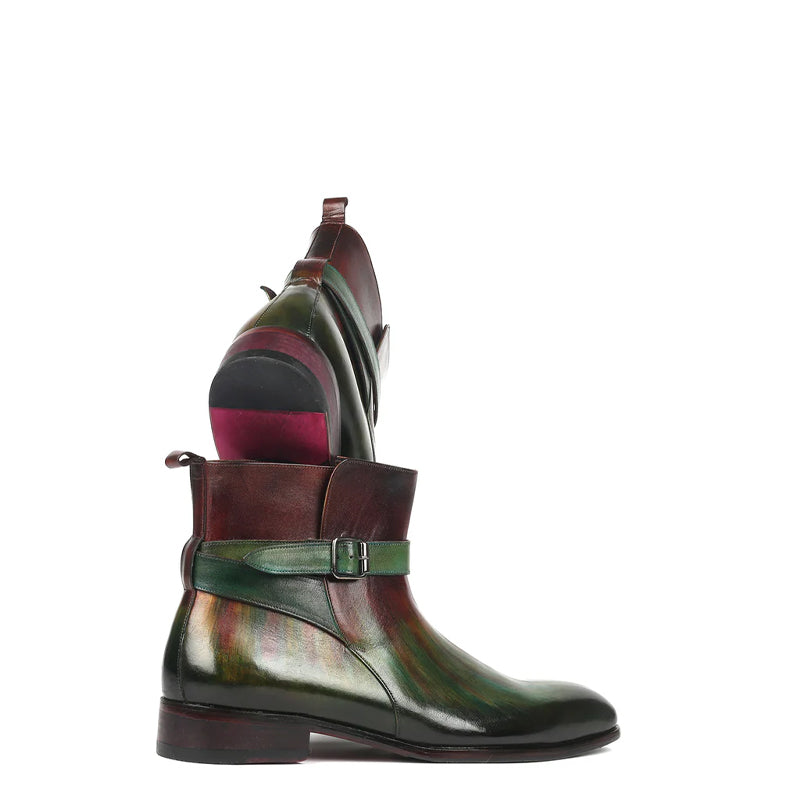 Hand Painted Leather Green and Burgundy Jodhpur Boot With Buckle