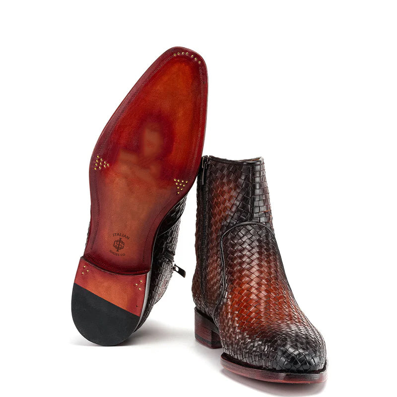 Luxury Stylish Woven Leather Side Zipper Boot Brown