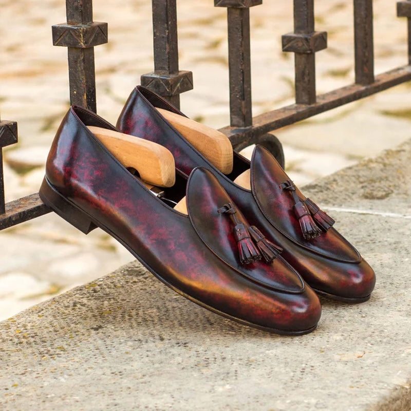Patina Leather Apron Toe Tassel Slip On Shoe