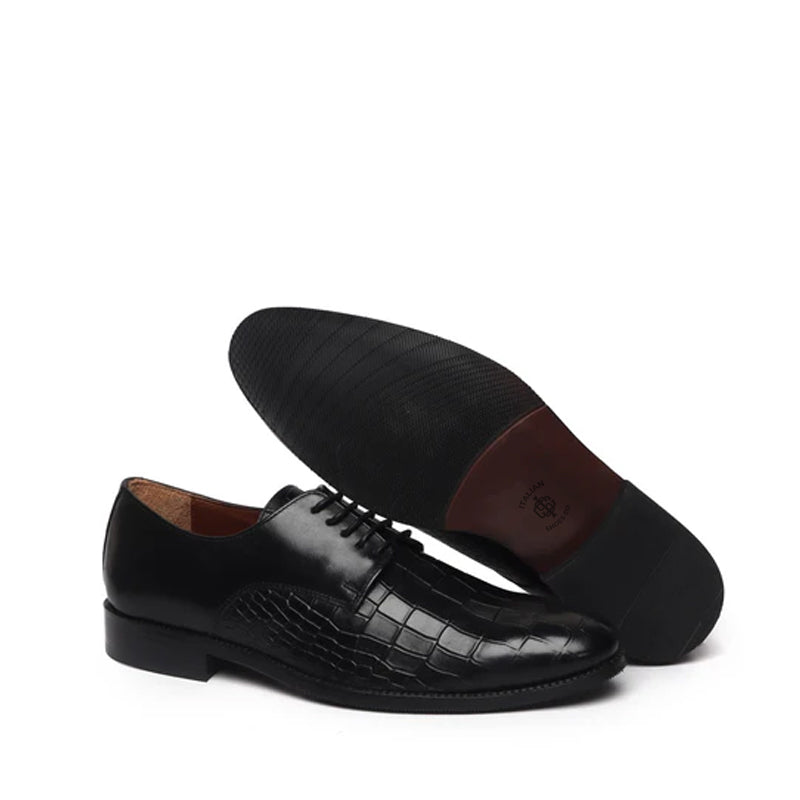 Croco Print Lace Up Leather Derby Shoe Black