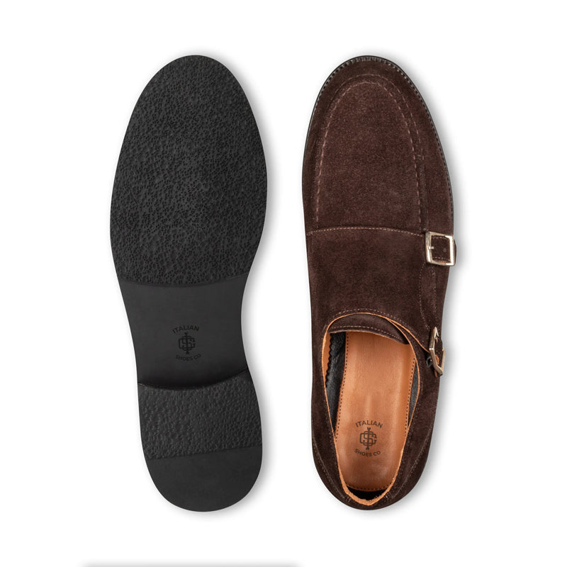 Men Suede Leather Double Monk Straps Tan Shoe