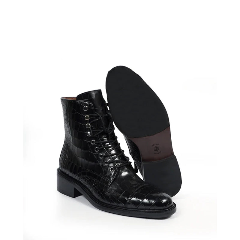 Croco Leather Lace-Up High Ankle Boot Black