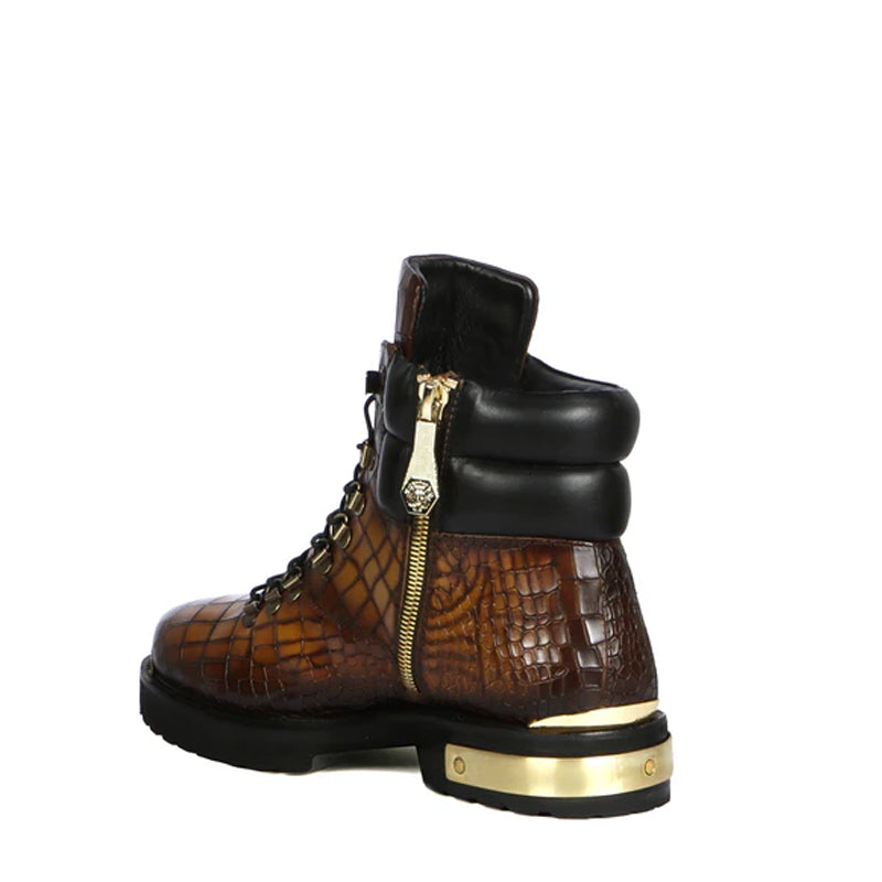 Croco Deep Cut Leather Lace-UP Ankle Boot Black