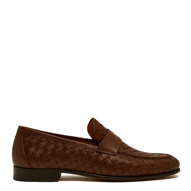 Brown Woven Leather Texture Loafer for Men