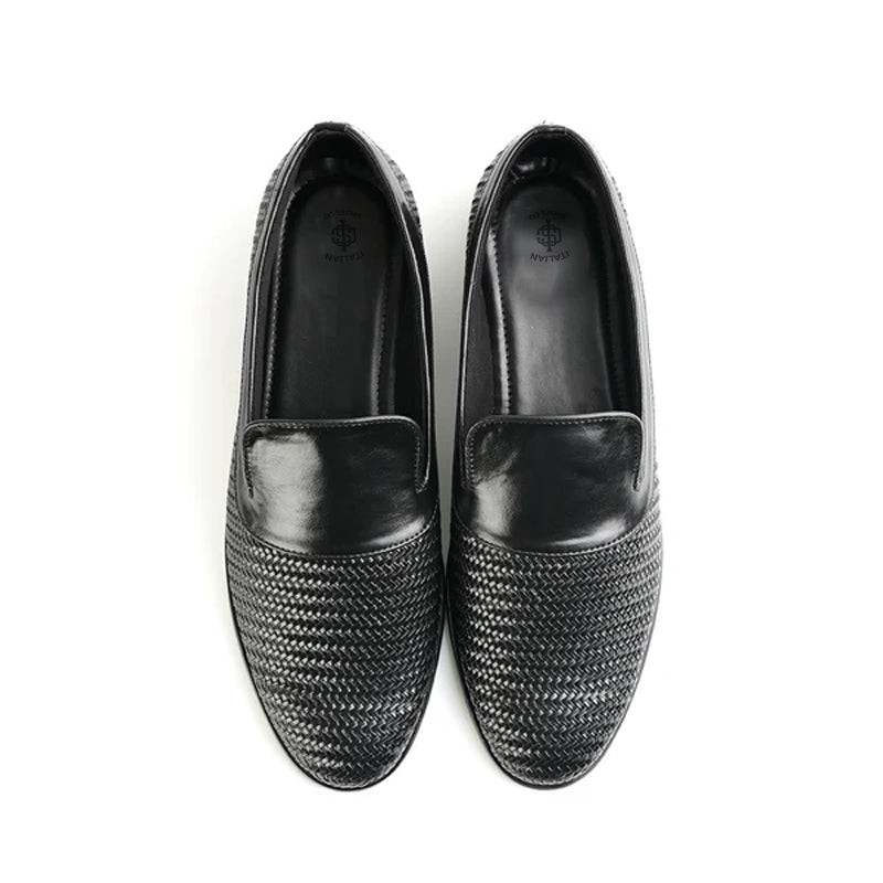 Woven Slip On Leather Black Loafer For Men