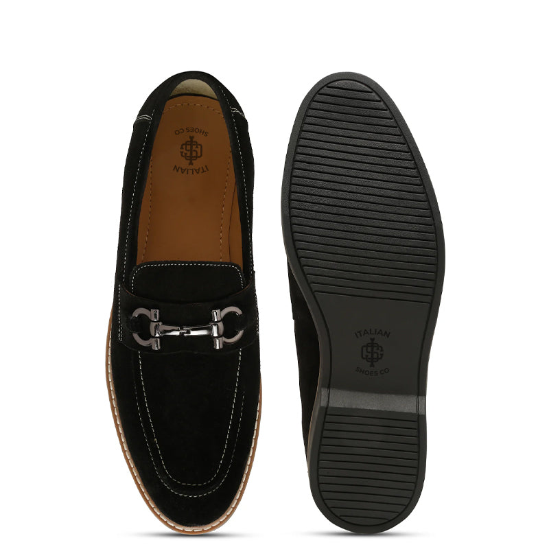 Handmade Suede Leather Black Loafer With Antique Silver Buckle