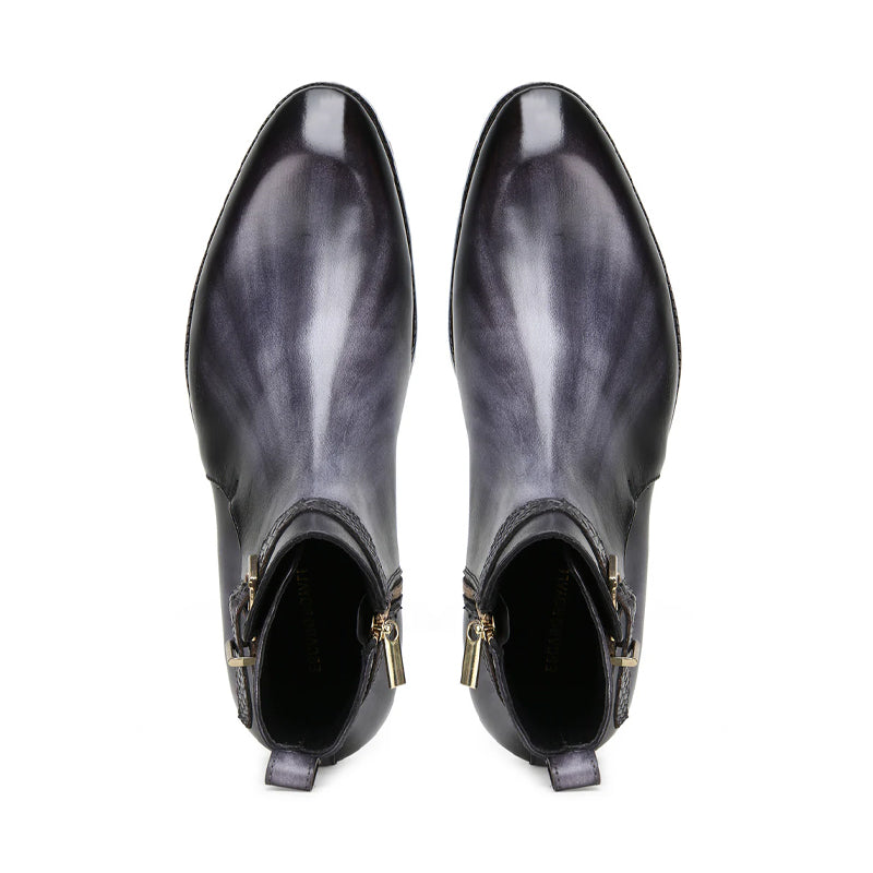 Luxury Stylish Leather Side Zipper Black and Grey Boot With Buckle
