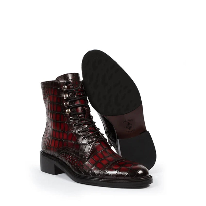 Croco Leather Lace Up High Ankle Boot Black
