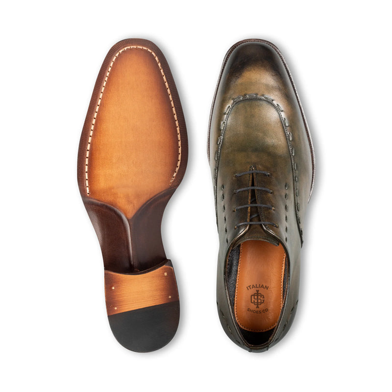 Polished Leather Handmade Oxford Shoe Olive Green