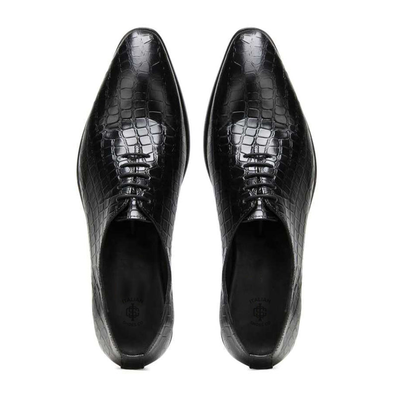 Men Handmade Croco Texture Leather Oxford Black Shoe