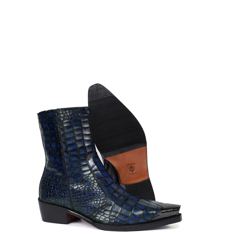 Luxury Croco Print Leather Side Zipper Boot Black